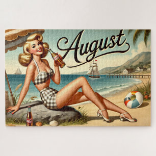 August Retro Beachside Pin-Up Girl Vibes Jigsaw Puzzle