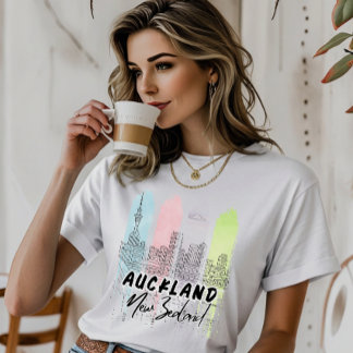 Aukland New Zealan Watercolor Line Art Skyline T-Shirt