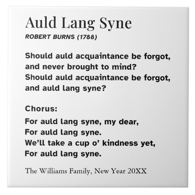 Auld Lang Syne New Year Party Words Personalised Tile (Front)