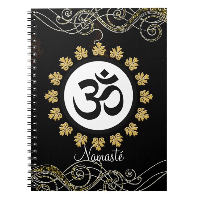 Aum Symbol Mantra Meditation Black and Gold Spiral Notebook (Front)