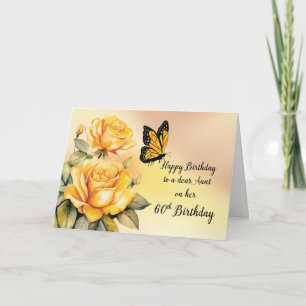 Aunt 60th Birthday Yellow Roses Monarch Butterfly Card