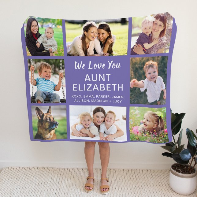 Aunt 8 Photo Collage Purple Fleece Blanket (Creator Uploaded)