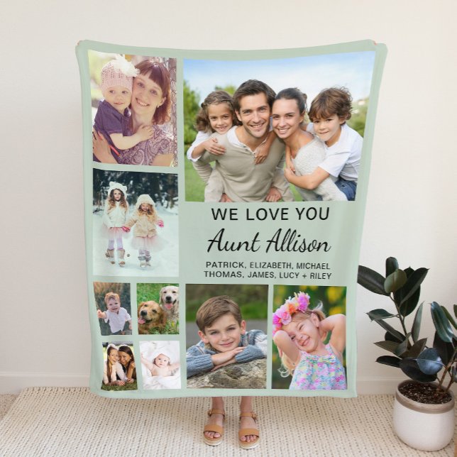 Aunt 9 Photo Collage Sage Green Fleece Blanket (Creator Uploaded)