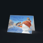 Aunt and Uncle Robins and Snowman Christmas Holiday Card<br><div class="desc">A beautiful Christmas card for an aunt and uncle. Send seasonal cheer with this beautifully illustrated Christmas card showcasing three cheeky robins balancing on a snowman's carrot nose. A joyful design capturing the magic of winter and the spirit of the holidays.</div>