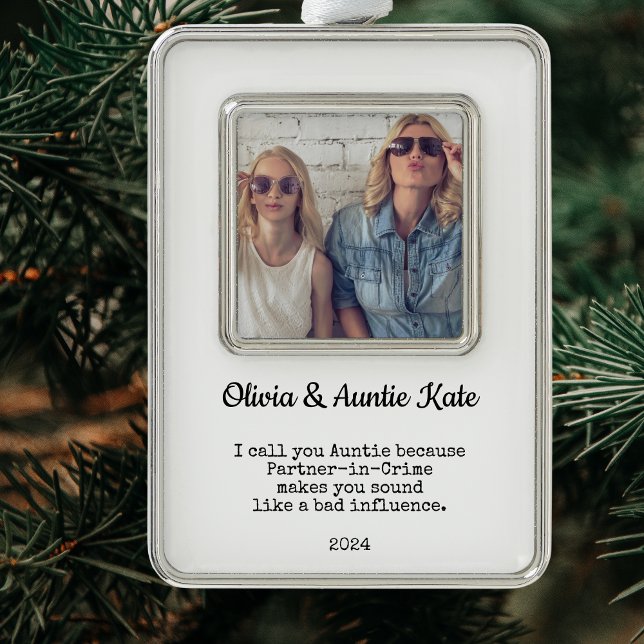 Aunt / Auntie Custom Photo Christmas Gift Silver Plated Framed Ornament (Aunt Photo Gift Modern White Design. Custom Typography)