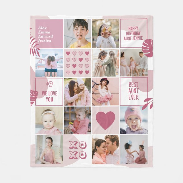 Aunt Birthday Niece Nephew Photo Collage Pink Fleece Blanket (Front)
