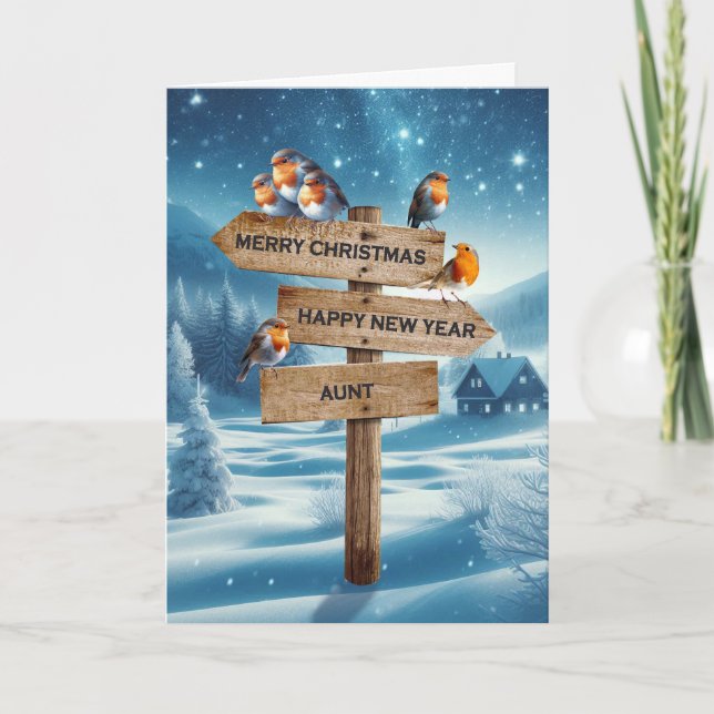 Aunt Christmas Robins on a Signpost Holiday Card (Front)