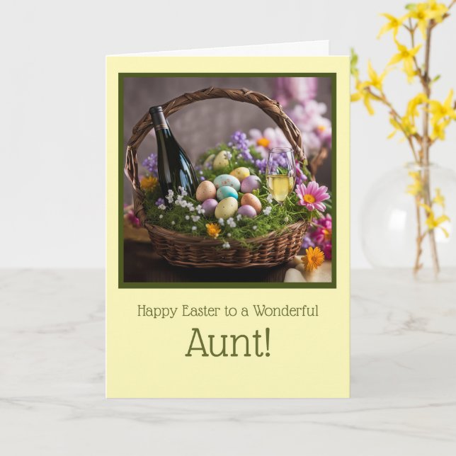 Aunt Happy Easter with Wine in Easter Basket Card (Yellow Flower)
