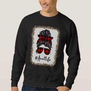 Aunt Life Bleached Auntlife Leopard Messy Bun Moth Sweatshirt