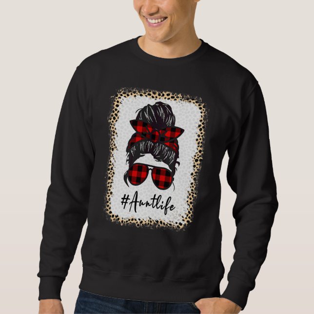 Aunt Life Bleached Auntlife Leopard Messy Bun Moth Sweatshirt (Front)