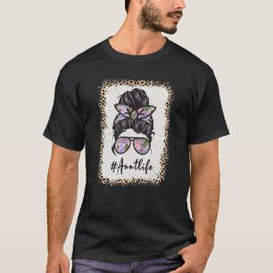 Aunt Life Bleached Auntlife Leopard Messy Bun Moth T-Shirt