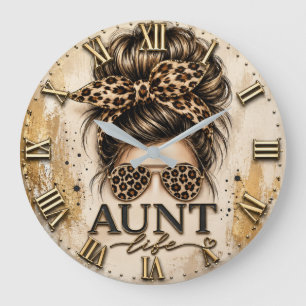 Aunt Life Leopard Print Messy Bun Cheetah Large Clock