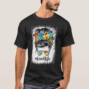 Aunt Life Messy Bun Hair Bandanna Glasses Autism T-Shirt