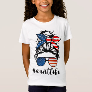 Aunt Life Messy Bun Hair Bandanna Sunglasses Ameri T-Shirt