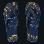 Aunt of the Bride Gold Foliage Navy Blue Jandals<br><div class="desc">These gorgeous Aunt of the Bride gold foliage navy blue flip flops have a dark blue background that is adorned with an intricate gold floral greenery pattern and customisable modern typography. The combination of the rich navy and the shimmering gold create an elegant and luxurious aesthetic. It's a beautiful gift...</div>