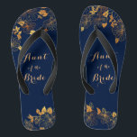 Aunt of the Bride Gold Foliage Navy Blue Jandals<br><div class="desc">These gorgeous Aunt of the Bride gold foliage navy blue flip flops have a dark blue background that is adorned with an intricate gold floral greenery pattern and customisable modern typography. The combination of the rich navy and the shimmering gold create an elegant and luxurious aesthetic. It's a beautiful gift...</div>