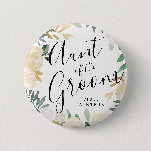 Aunt of the Groom | White Rose Bouquet Wedding 6 Cm Round Badge (Front)