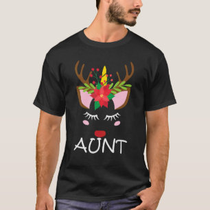 Aunt Unicorn Face Reindeer Flower Christmas Famil T-Shirt