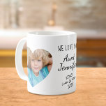 Aunt We Love You Personalised Photos Coffee Mug<br><div class="desc">Celebrate a favourite aunt with this custom photo design. You can add two photos of nieces and nephews into heart-shaped frames, personalise the expression to "I Love You" or "We Love You, " and personalise her name. You can also add her nieces' and nephews' names and year (if you need...</div>