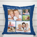 Aunt We Love You Photo Names Personalised Blue Cushion<br><div class="desc">Celebrate your aunt with this custom multi-photo collage pillow. You can personalise with six family photos of nieces, nephews, other family members, pets, etc., customise the expression to "I Love You" or "We Love You, " and whether she is called "Aunt, " "Auntie, " "Tia, " etc., and add names...</div>