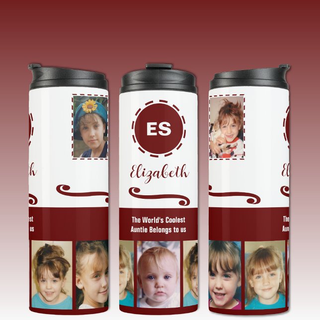 Auntie add a name photo collage white burgundy thermal tumbler (Creator Uploaded)