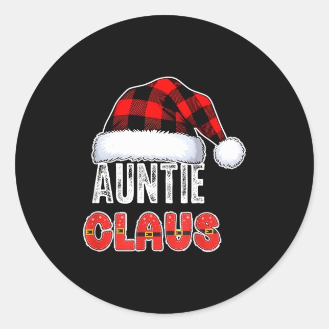 Auntie Claus Buffalo Plaid Red Santa Hat Christmas Classic Round Sticker (Front)