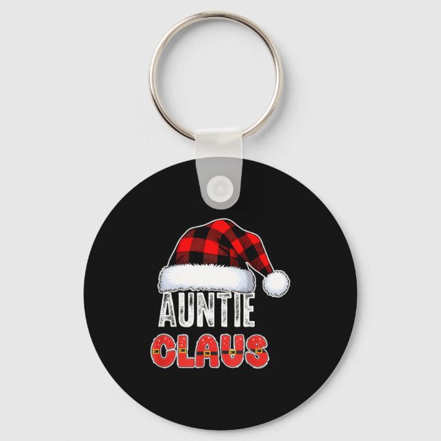 Auntie Claus Buffalo Plaid Red Santa Hat Christmas Key Ring (Front)