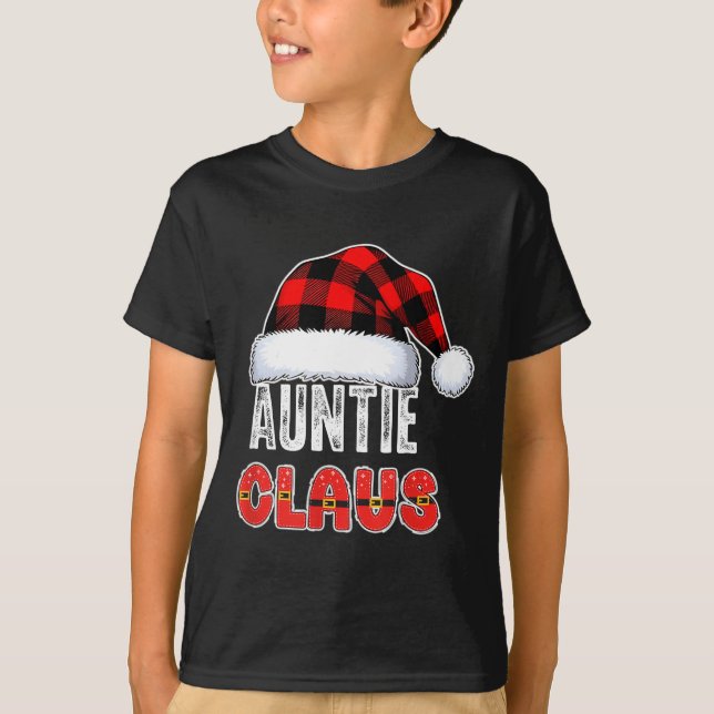 Auntie Claus Buffalo Plaid Red Santa Hat Christmas T-Shirt (Front)