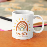 Auntie Custom Name Boho Earth Tone Rainbow Sun Coffee Mug<br><div class="desc">The Custom Name Boho Earth Tone Rainbow Sun Auntie mug is a unique and stylish gift that combines bohemian and earthy elements with a vibrant rainbow sun. In addition to the striking graphic, the mug can also be customised with your own name and message or names of nieces and nephews,...</div>