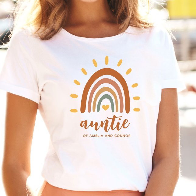 Auntie Custom Name Boho Earth Tone Rainbow Sun T-Shirt (Creator Uploaded)