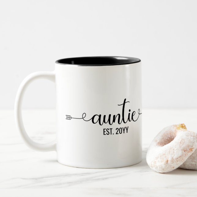 Auntie est | Aunt to be Gifts | Auntie established Two-Tone Coffee Mug (With Donut)