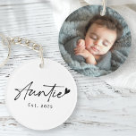 Auntie Est year handwritten script heart photo Key Ring<br><div class="desc">Photo keychain featuring the text "Auntie" in a handwritten style script font with a little heart at the end and the year below.</div>