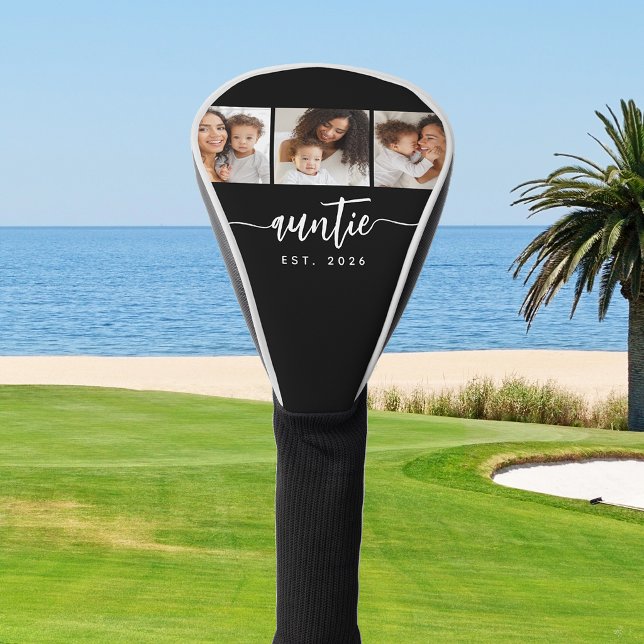 Auntie Established Elegant Script Black 3 Photo Golf Head Cover (Creator Uploaded)