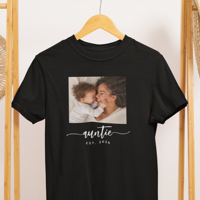 Auntie Established Elegant Script Photo Black T-Shirt (Creator Uploaded)
