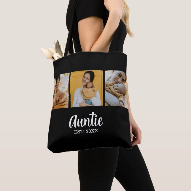 Auntie Established Modern Script Black 3 Photo Tote Bag (Close Up)