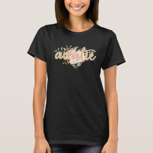 Auntie Floral Heart Pink Watercolor Roses Mothers T-Shirt