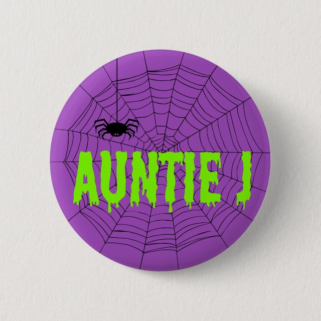 Auntie J Green Dripping Font Spider Web Button (Front)
