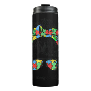 Auntie Life Autism Awareness Messy Bun Girl Mother Thermal Tumbler