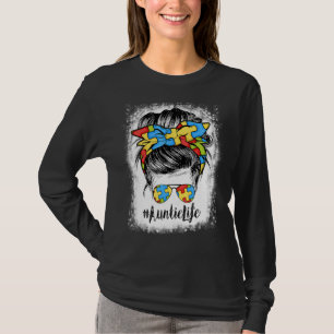 Auntie Life Messy Bun Hair Bandanna Glasses Autism T-Shirt