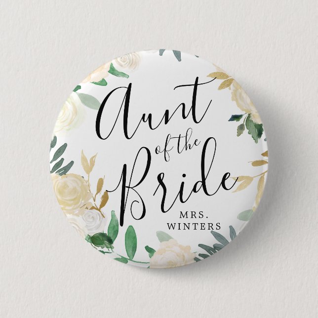 Auntie of the Bride | White Rose Bouquet Wedding 6 Cm Round Badge (Front)