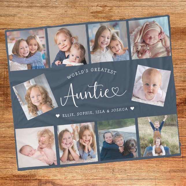 Auntie Photo Collage Script Cute Heart Modern Fleece Blanket (Creator Uploaded)