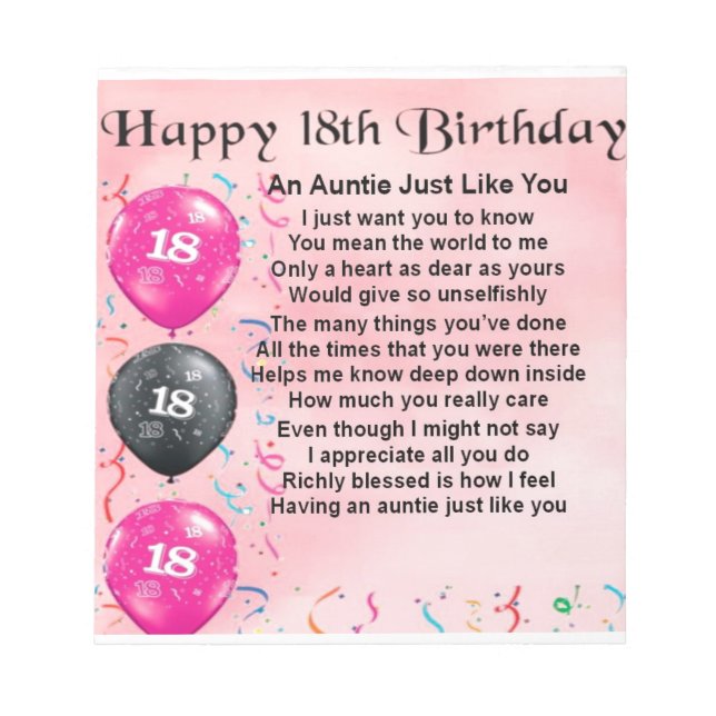 Auntie Poem 18th Birthday Notepad (Front)