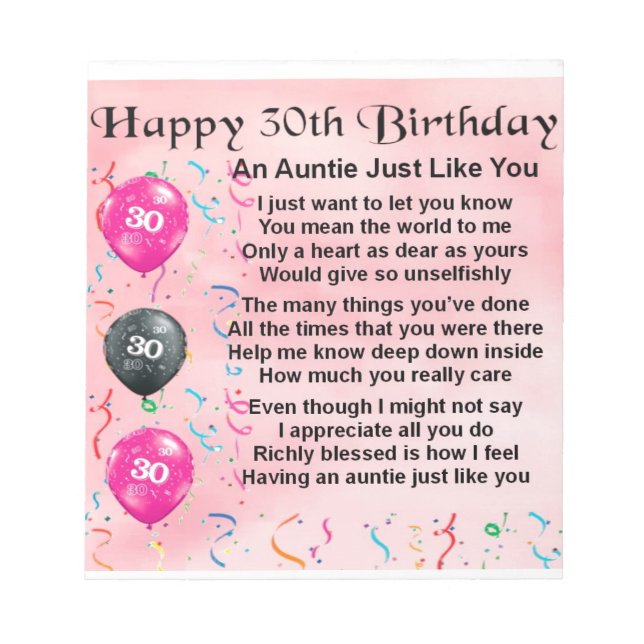 Auntie Poem 30th Birthday Notepad (Front)