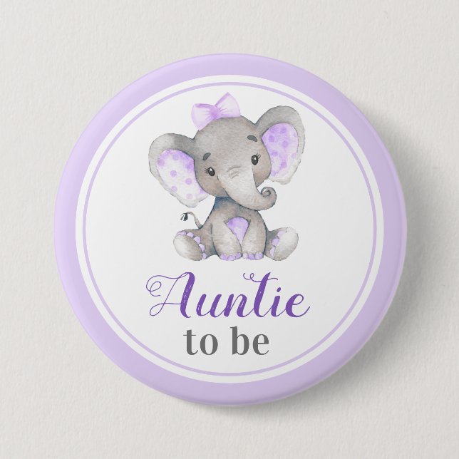 Auntie to be Aunt Purple Baby Girl Shower Elephant 7.5 Cm Round Badge (Front)