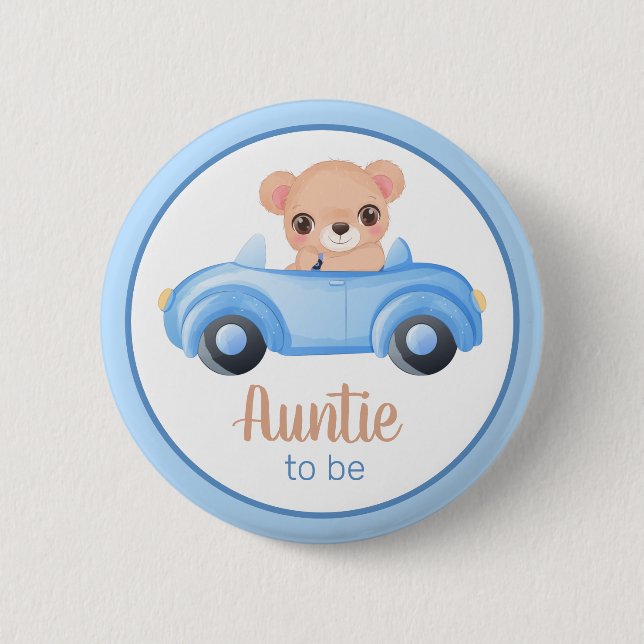 Auntie To Be Bear Boy Baby Shower Button (Front)