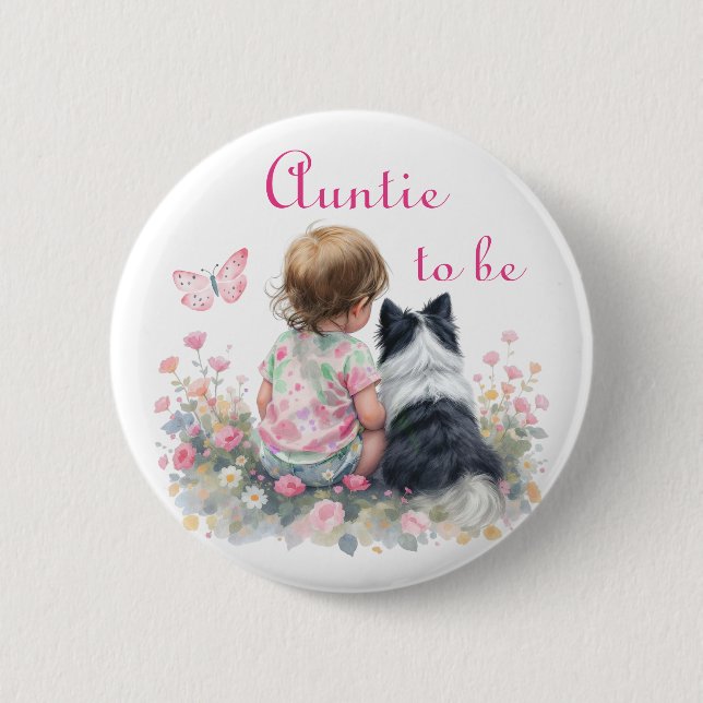 Auntie to be | Pink Baby and Puppy Baby Shower 6 Cm Round Badge (Front)