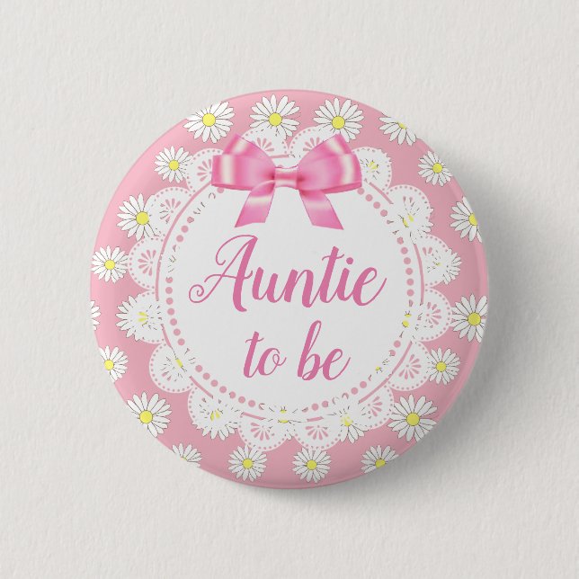 Auntie to be Pink Daisies Baby Shower Button (Front)
