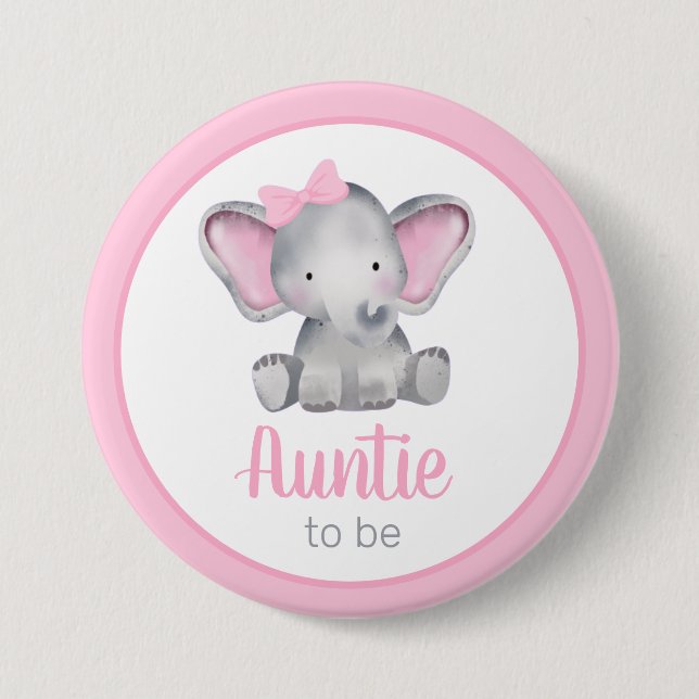 Auntie To Be Pink Elephant Girl Baby Shower 7.5 Cm Round Badge (Front)