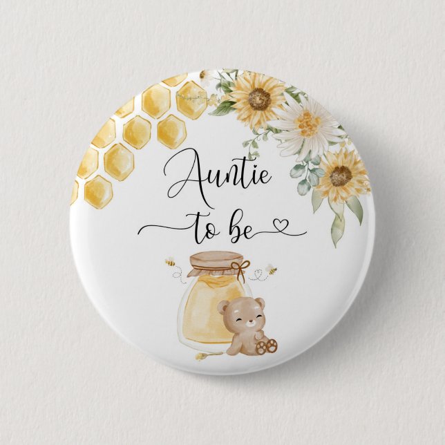 Auntie to be sunflower honey bear 6 cm round badge (Front)