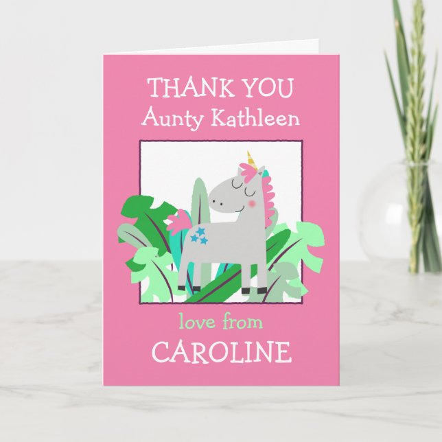 Aunty Name Cute Unicorn Leaves Pink Thank You Card (Front)